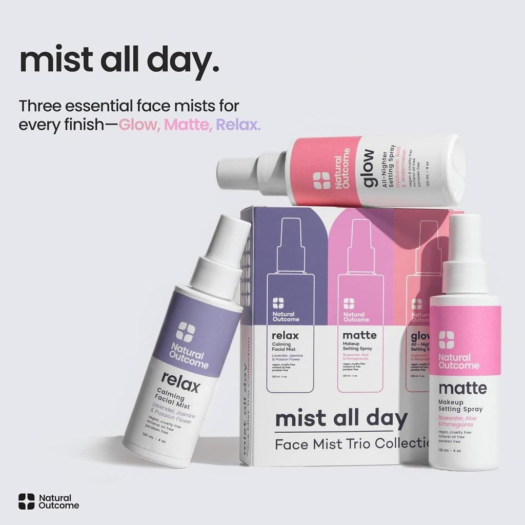 natural outcome Face Mist Trio Collection – Hydrating Facial Mist Spray for Glowing Skin – Rosewater, Lavender & Hyaluronic Acid – Makeup Setting & Refreshing Face Spray Mist