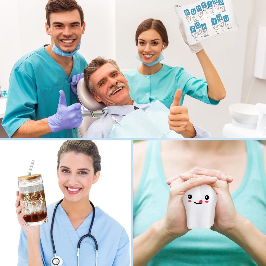 Sliner 3 Pcs Dental Hygiene Gifts Assistant Hygienist Gifts 16 oz Glass Cups Makeup Bag Teeth Stress Toy for Women Coworkers Nurse Dentist Retirement Graduation Christmas Birthday Gift(White)