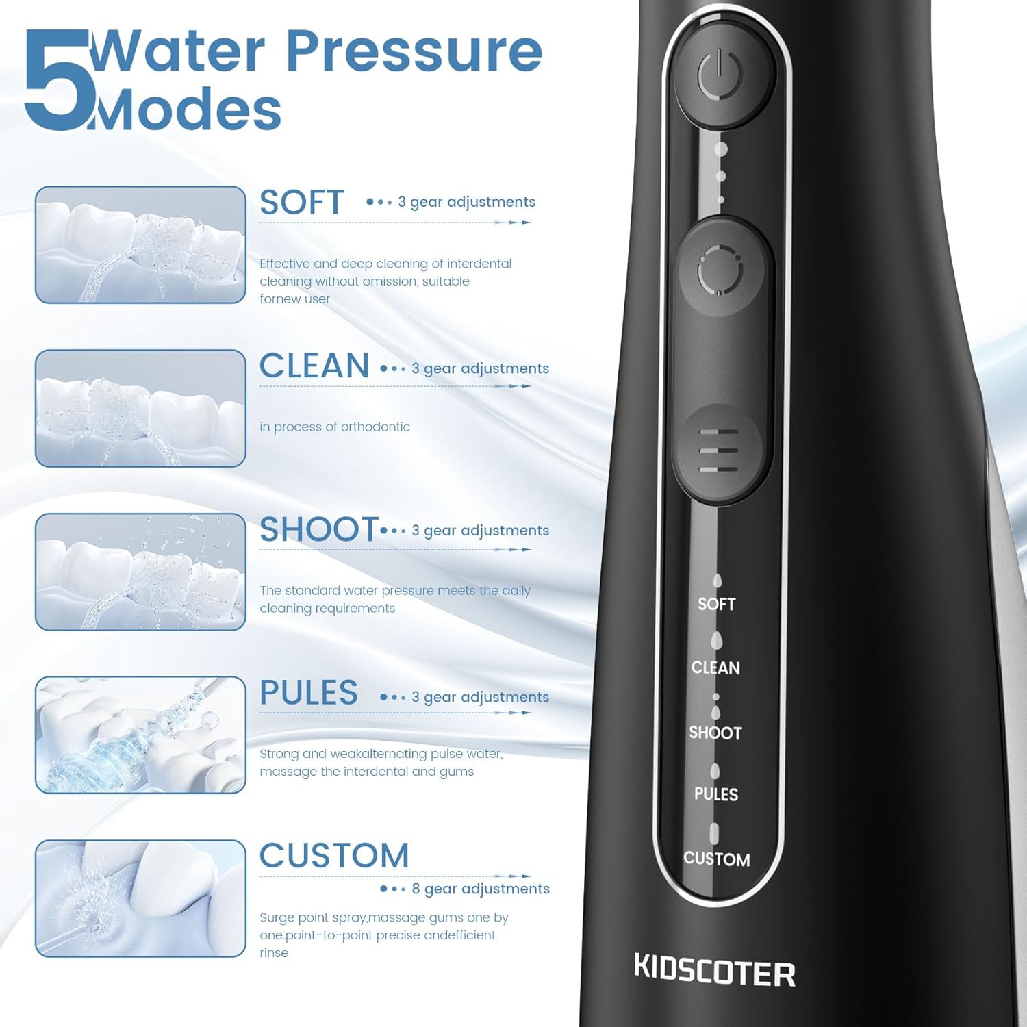 Water Flosser for Teeth with Detachable Washable Tank, 5 Modes Rechargeable Cordless Oral Irrigator, 300ml Portable Dental Flosser, IPX7 Waterproof for Home & Travel, Black