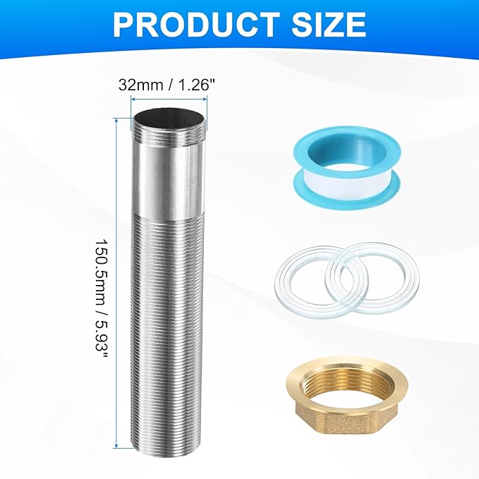uxcell Faucet Mount Extension Shank 6"x 1.25" Stainless Steel Pipe Faucet Extension Nipple Locknut Kit Extension Threaded Lengthen Fixed High Foot with Raised Nut and Gasket Fittings
