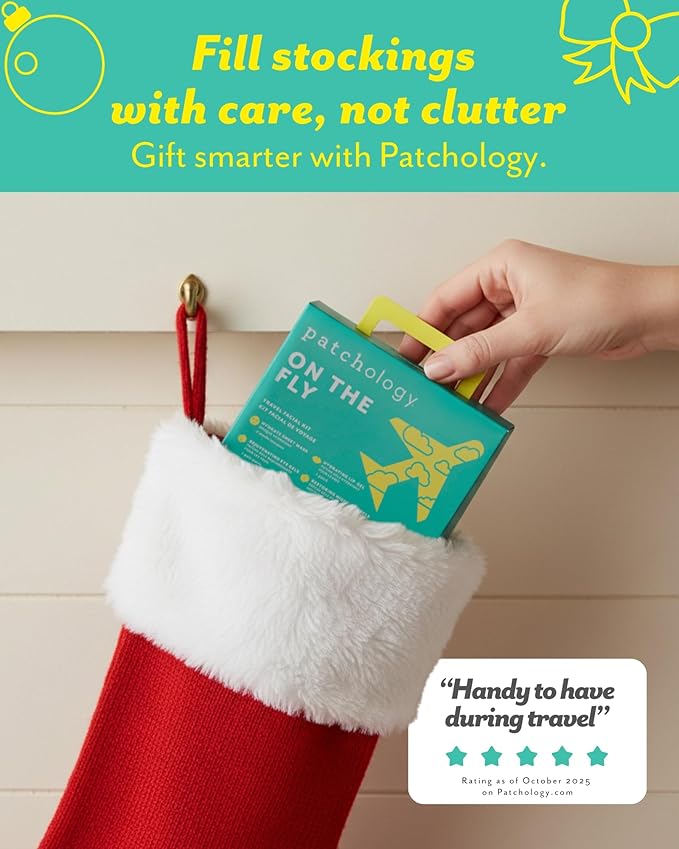 Patchology On The Fly Travel Skincare Kit, Travel-Friendly Hydrating Skin Essentials, Includes 2 Pairs of Eye Patches, 2 Hydrating Face Mask Sheets & 1 Lip Mask, Christmas Gifts & Stocking Stuffers