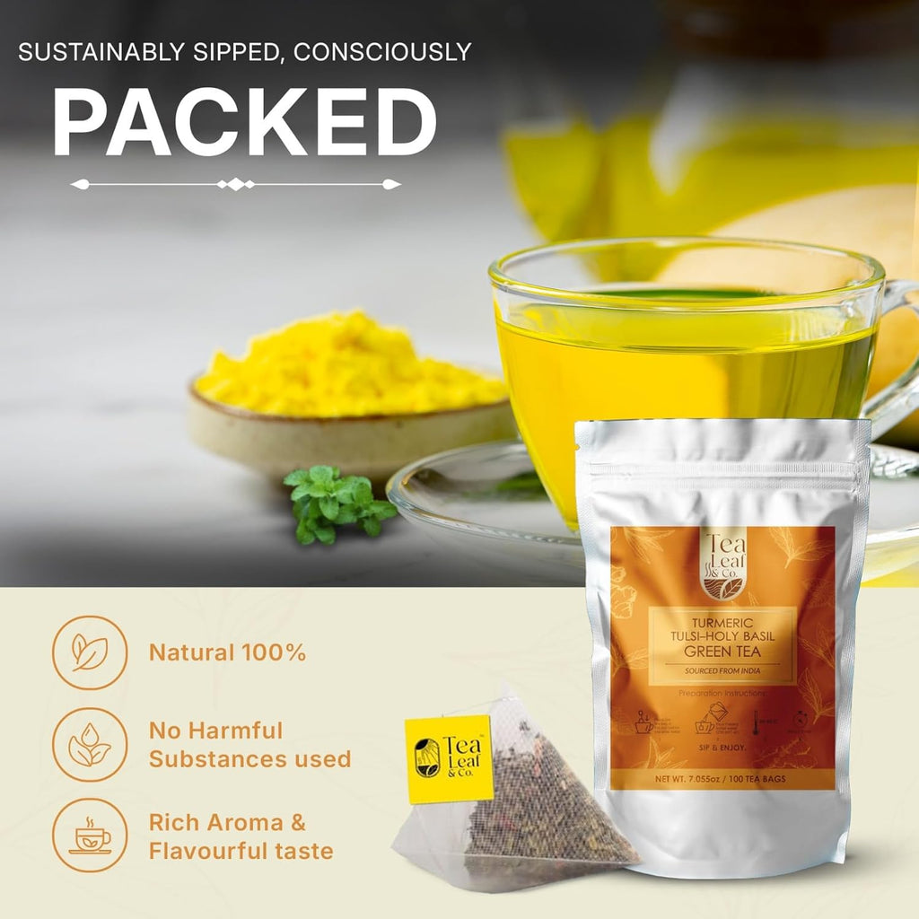 Tealeaf & Co. Turmeric Tulsi Holy Basil Green Tea - Turmeric, Tulsi & Peppermint Tea Blended with Fresh Herbs & Spices - Low Caffeine & Vegan - 100 Teabags (7.055oz/200gm)