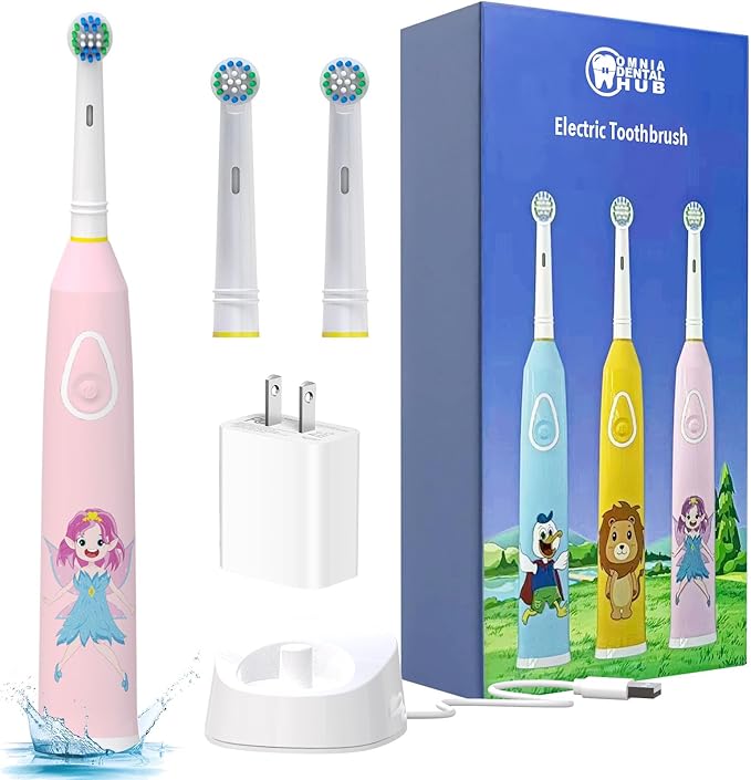 1 PCs 0Rotating Kids Electric Toothbrush with 2 Brush Heads IPX7 by Omnia ONE | 3 Modes, Rechargeable 30 Days Battery Life, IPX7 Waterproof, USB Charger & Block Included, Fun & Effective Oral Care