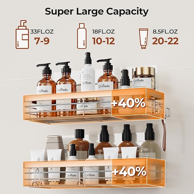 Orimade Shower Caddy with 5 Hooks Organizer for Hanging Razor and Sponge Bathroom Basket Adhesive Shower Shelf Storage Kitchen Rack Wall Mounted No Drilling Rustproof Stainless Steel - 2 Pack