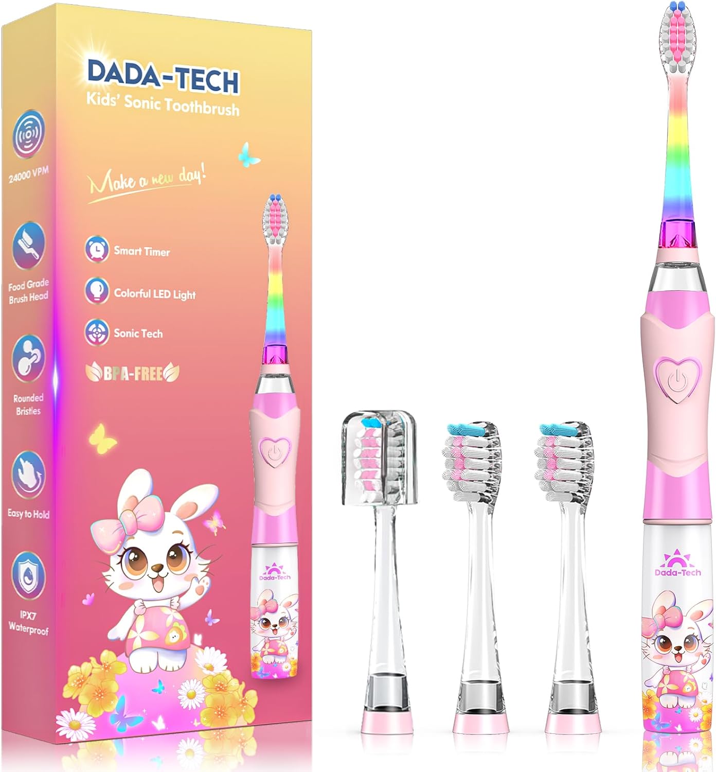 Kids Electric Toothbrush Toddler Toothbrush Age 2-4-8-12 Girls Electric Toothbrush with Timer Rainbow LED Light Up Vibrating Toothbrush Battery Operated Childrens Sonic Tooth Brush (Rabbit Pink)