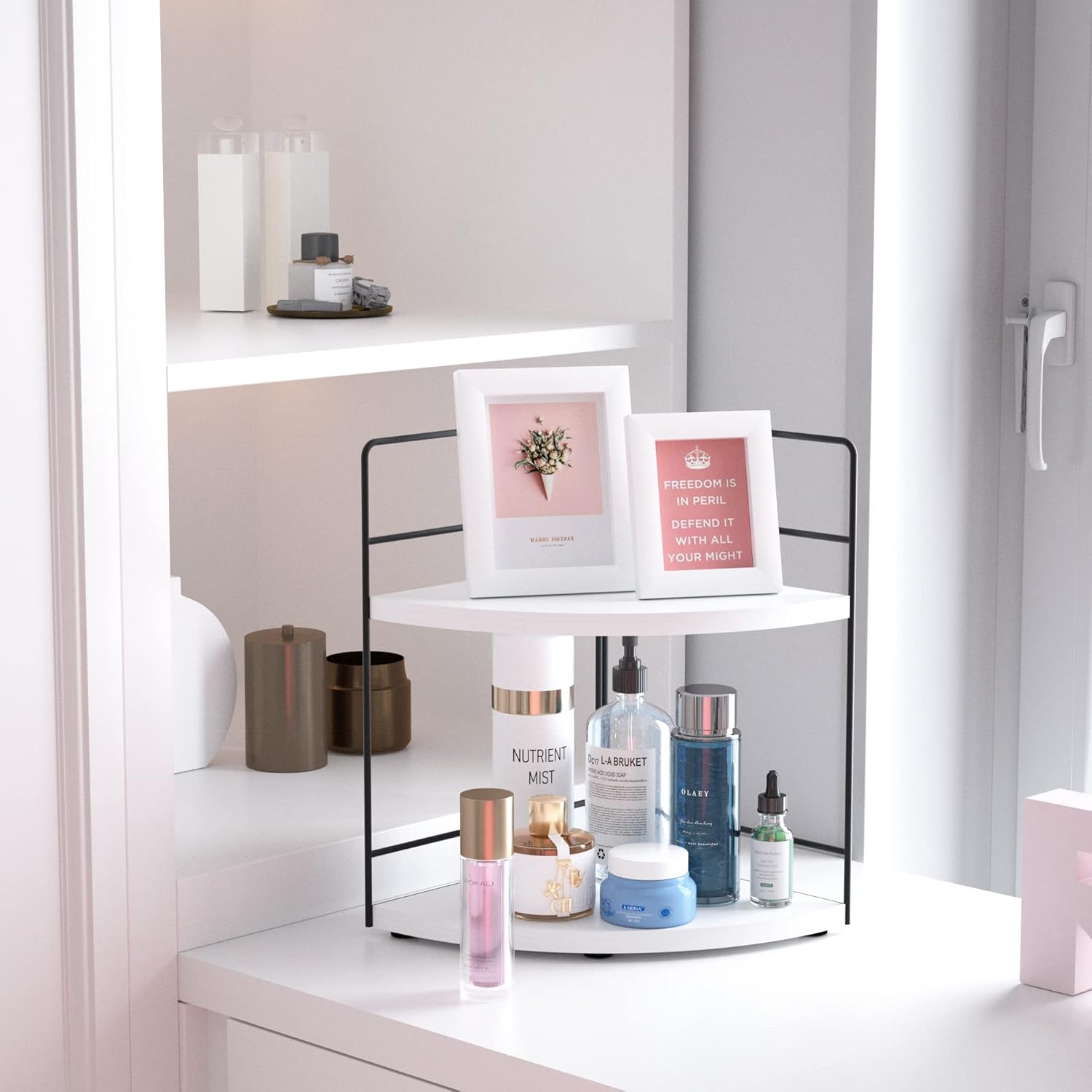 ZGO 2-Tier Bathroom Counter Organizer, Corner Skincare Organizers, Bathroom Organizer Countertop, Makeup Organizer for Vanity Storage, Bathroom Counter Storage(White)