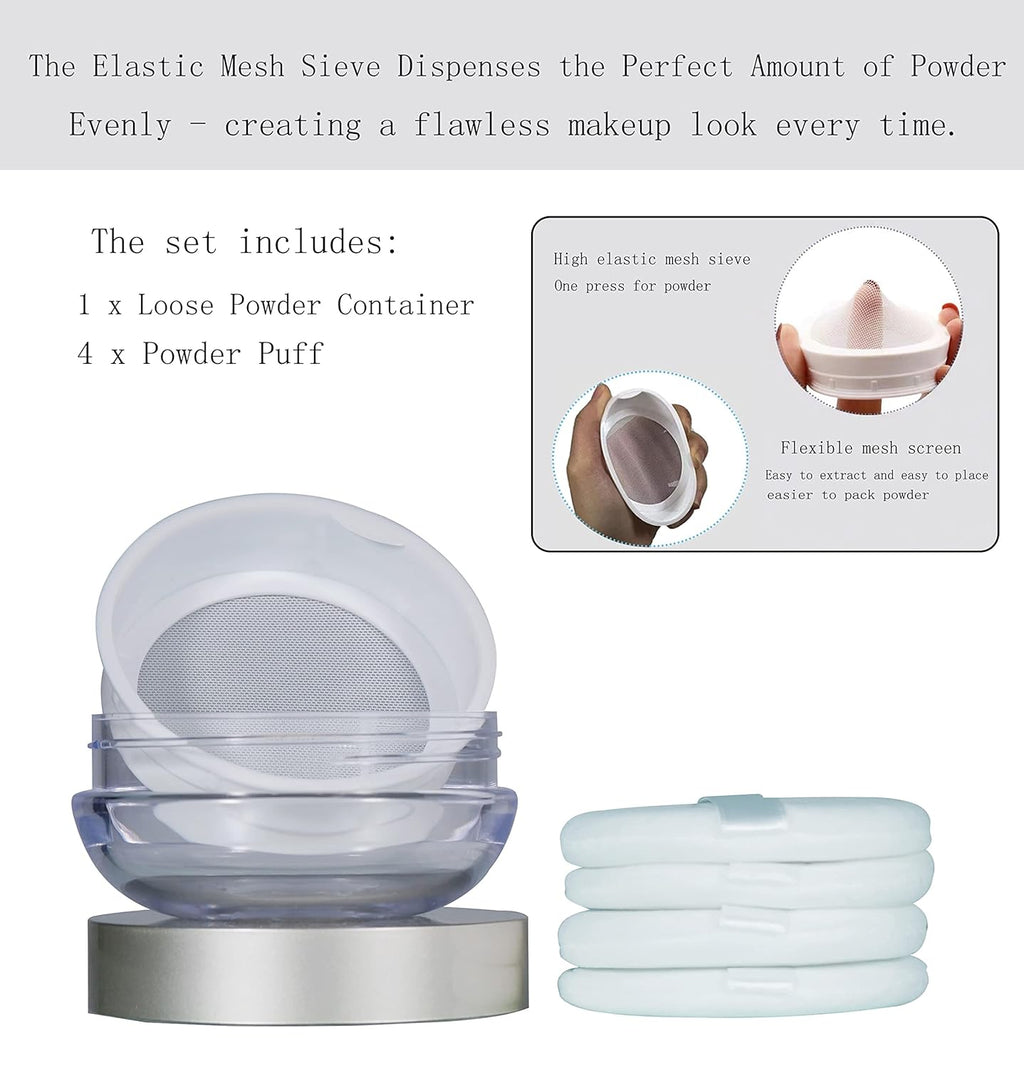 Powder Puff Reusable Empty Makeup Container with Elasticated Net Sifter for Setting Powder, Face Powder, Travel and Daily Use
