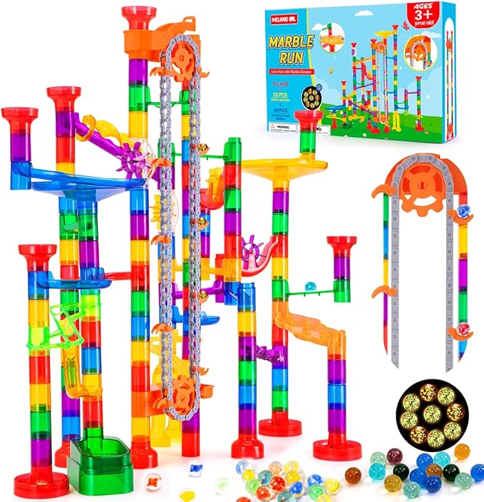 247Pcs Marble Run with Motorized Elevator, Construction Building Blocks Toys with 30 Glass Marbles and 30 Glow in The Dark Marbles, STEM Gifts for Boys and Girls