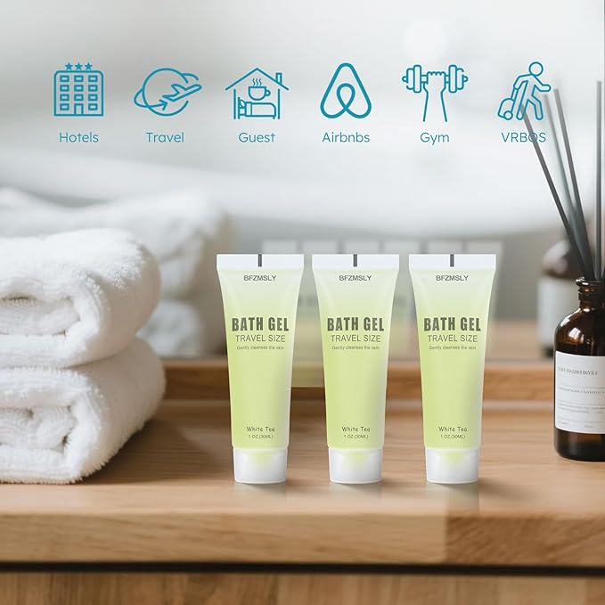 50 Pack Bulk Travel Size Body Wash, 1oz Tubes, White Tea Scent, Mini Shower Gel for Hotel Guests, TSA Approved Toiletries, Individually Sealed for Airbnb, Vacation Rentals
