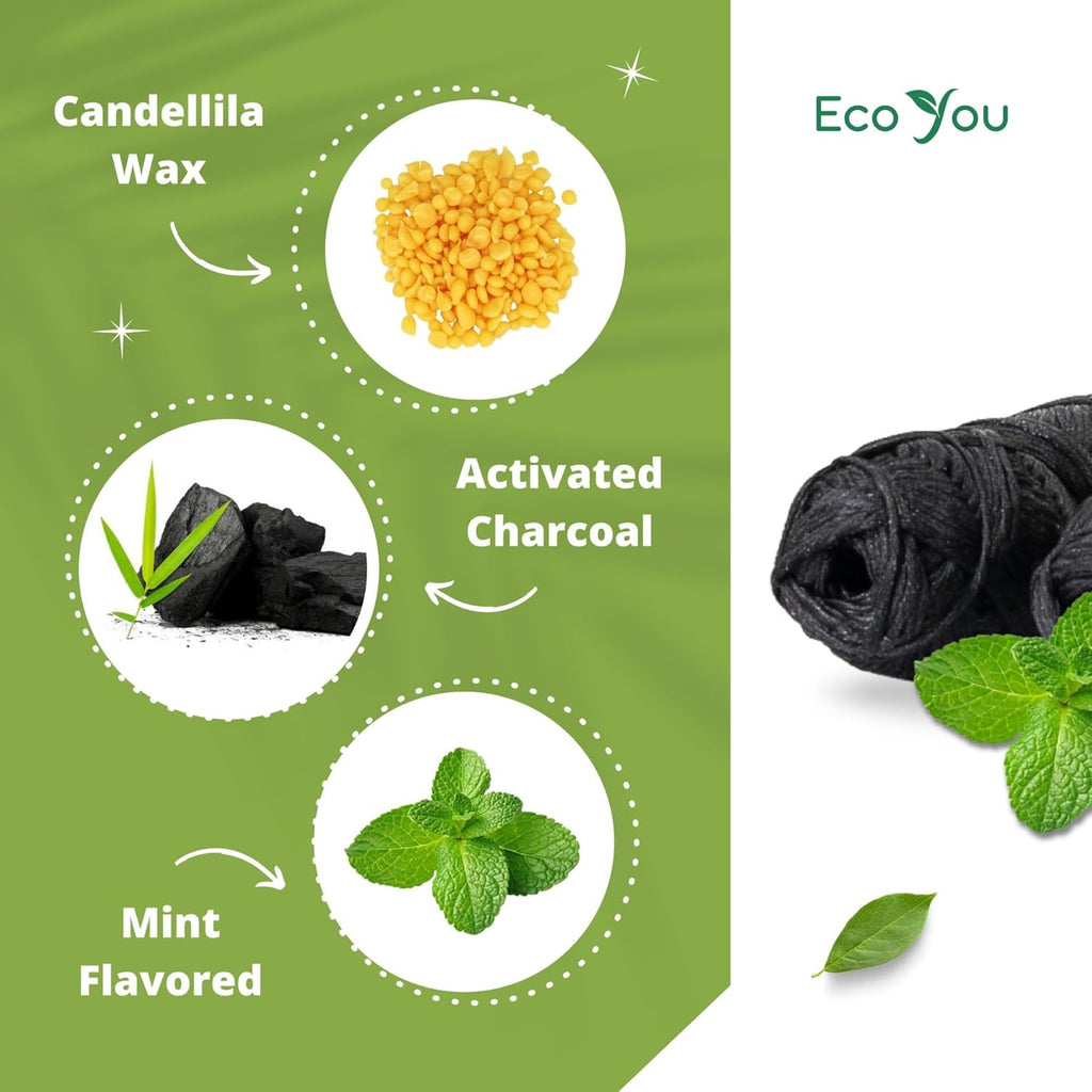 Charcoal Bamboo Floss | 1 Non Toxic Natural Floss Refill with Glass Container | Organic Mint & Candelilla Wax | Vegan & Biodegradable | Compatible with Similar Size Dental Silk Containers