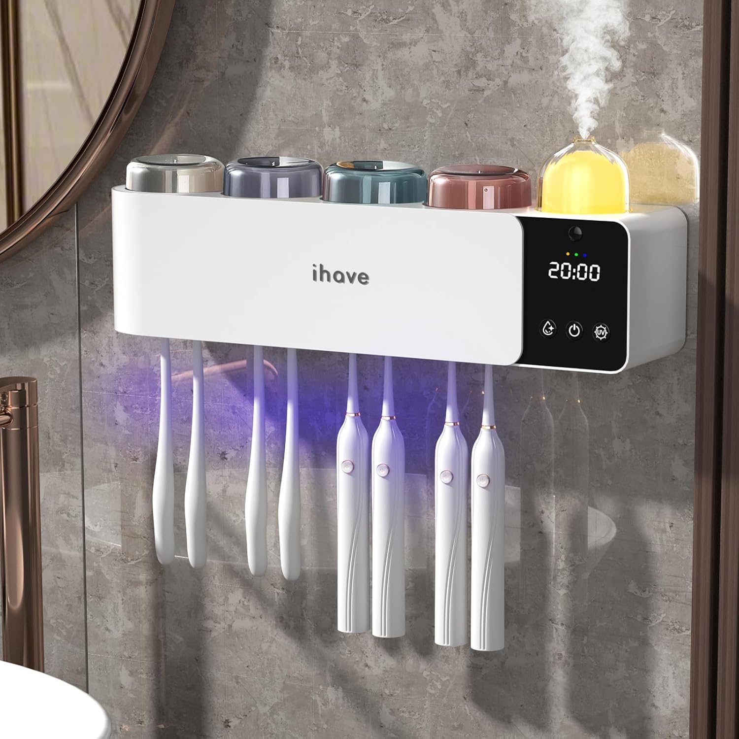 iHave Toothbrush Holders with UV Toothbrush Sanitizer, Aromatherapy Diffuser & IR Night Light - 4-Hour Smart Cruise Disinfection, Auxiliary Combo Drying - Wall-Mounted Bathroom Organizer with 4 Cups