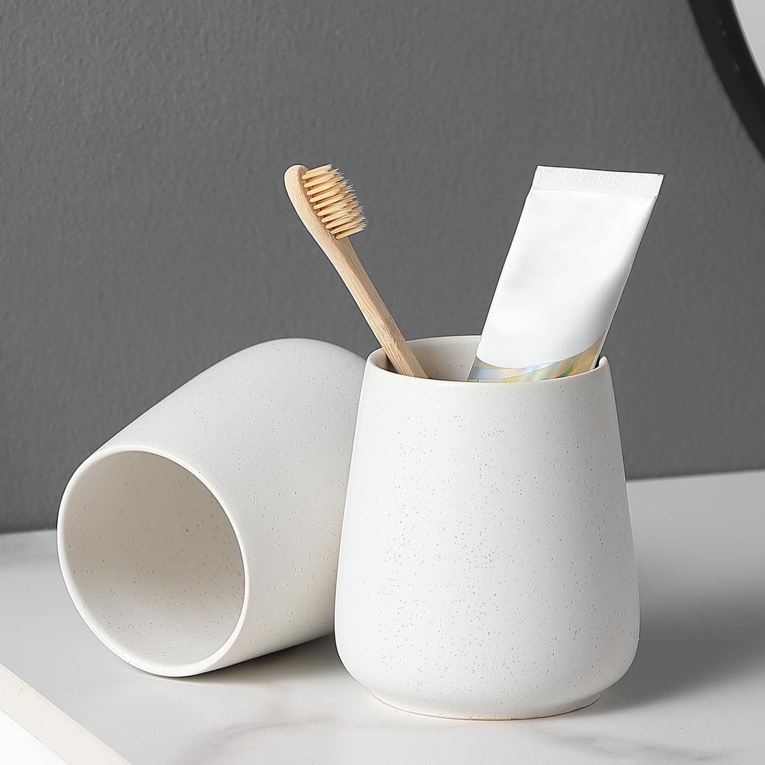 Speckled White Toothbrush Holder Set - 2Pcs Bathroom Ceramic Tooth Brushing Holders, Toothbrush Cup, Toothpaste Organizer for Countertop, Makeup Brush Holder, Pen Holder for Home Desktop Storage