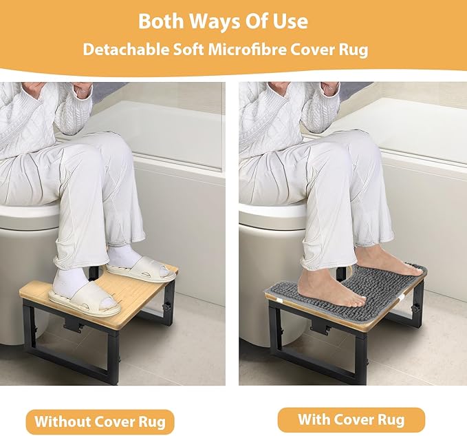 Bamboo Toilet Stool Foldable, 7 in, 8 in Or 9 in Adjustable Heights Squat Stool Potty for Adults Kids,Poop Step Stool with Extra Soft Microfiber Rug, Improve Bathroom Posture and Comfort