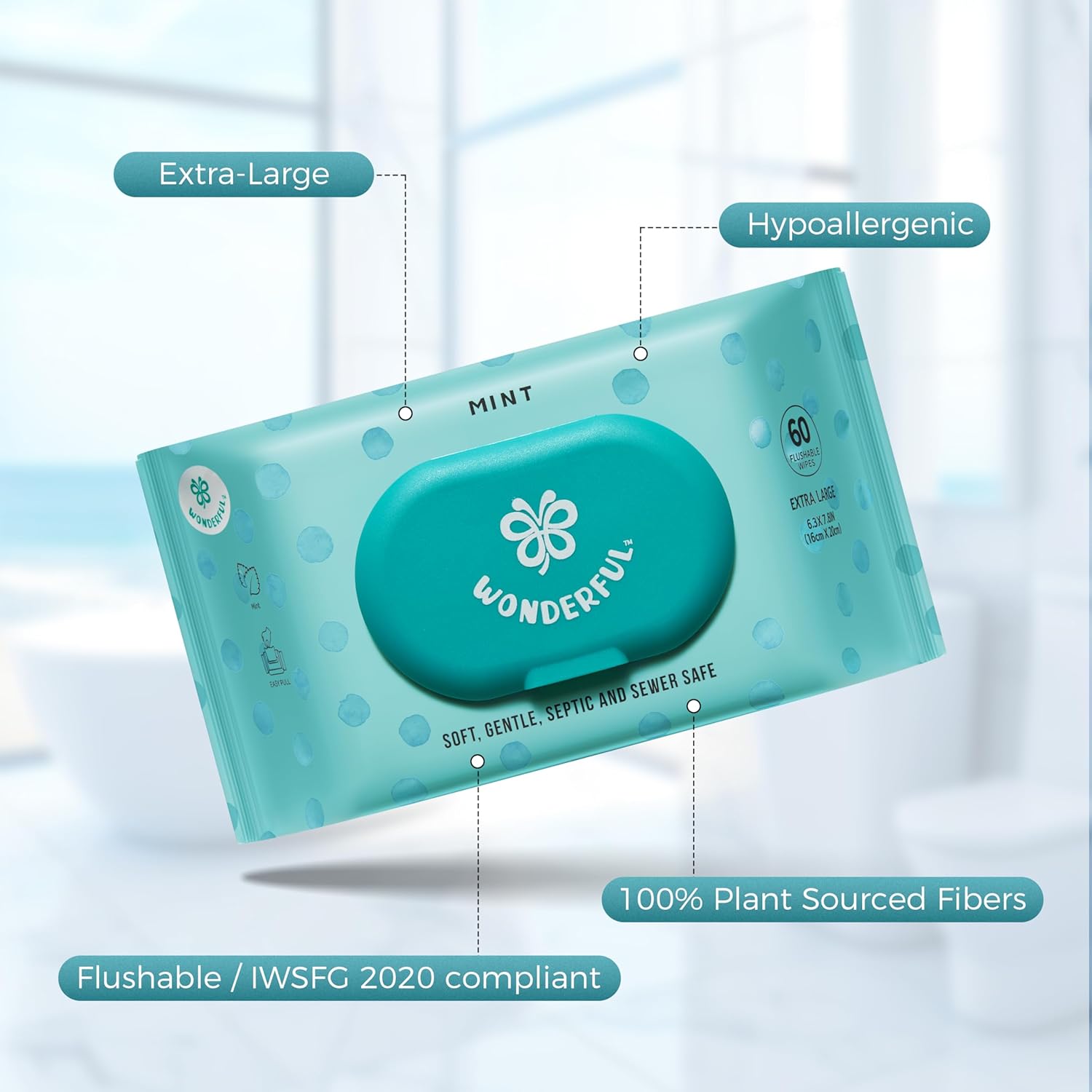 WONDERFUL Flushable Butt Wipes, Mint 100% Plant-Based Wet Wipes for Adults & Kids, Sewer & Septic Safe, Gentle for Sensitive Skin, Wipes Flushable Pack for Bathroom & Travel, 1-Pack (60 Wipes)