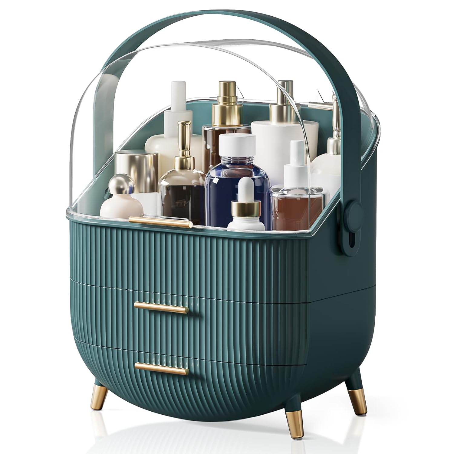 Makeup Organizers, Make Up Organizer for Vanity, Countertop Cosmetic Storage with Drawers and Transparent Cover for Bedroom Bathroom, Green