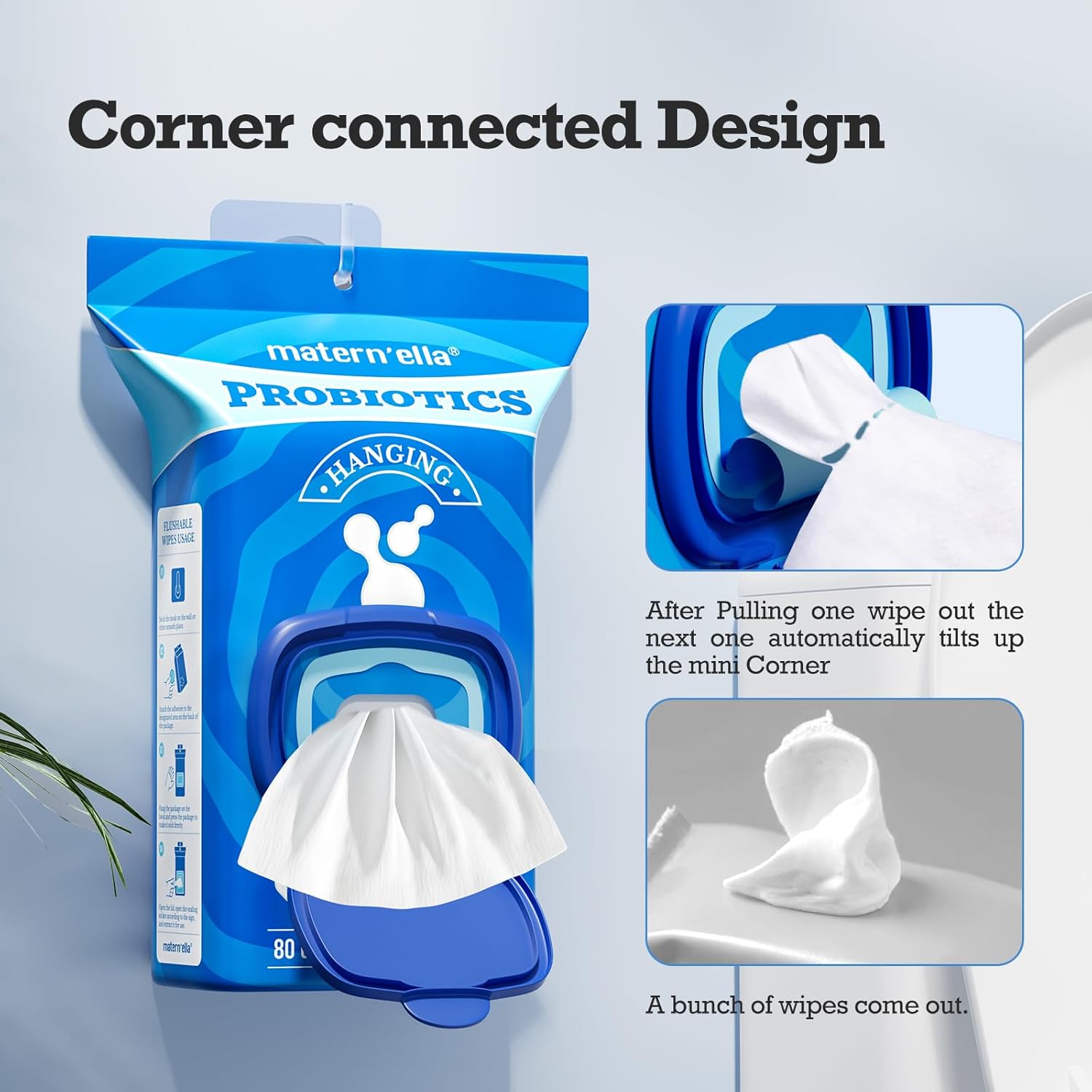 matern'ella Hanging Flushable Wipes Unscented Extra Large Corner-Connected Wet Wipes Adult Plant Based Fibers with Probiotics Alcohol Free Sewer Safe Butt Wipe Travel 3 Packs of 80 Wipes