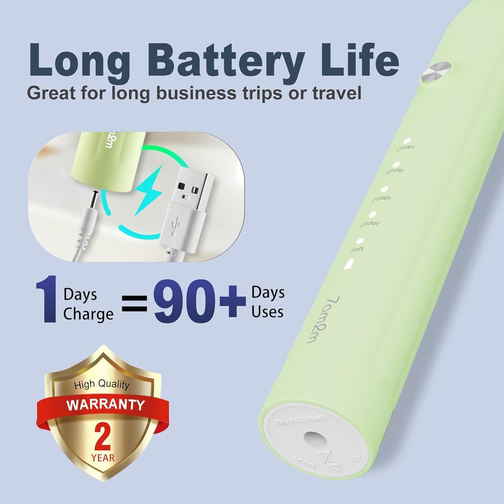 7AM2M Sonic Electric Toothbrush for Adults and Kids, with 8 Brush Heads and Travel Case,5 Modes with 2 Minutes Build in Smart Timer, One Charge Use for 90 Days, Rechargeable Toothbrushes (Light Green)
