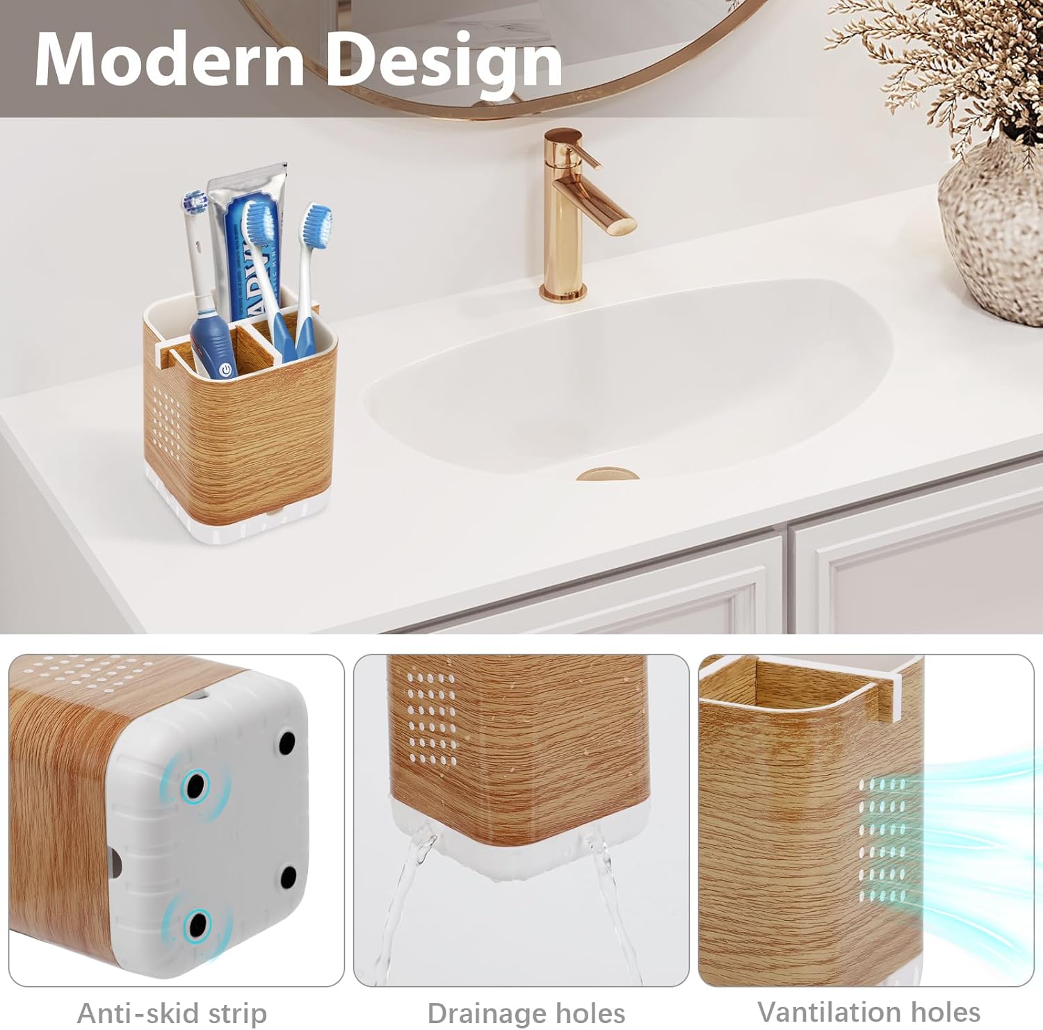 Boperzi Toothbrush Holders for Bathrooms Organizer Countertop, Detachable Anti-Slip Electric Toothbrush Holders for Kids, Toothbrush and Toothpaste Holder Storage Caddy Drainage for Shower Wood Grain