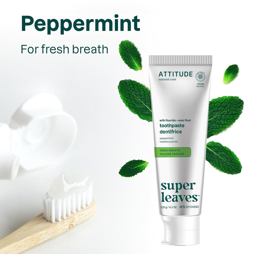 ATTITUDE Fresh Breath Toothpaste with Fluoride, Peppermint Flavor, Vegan & Cruelty-Free, Sugar-Free, Plant & Mineral-Based Ingredients, Clean Oral Care, 4.2 Oz