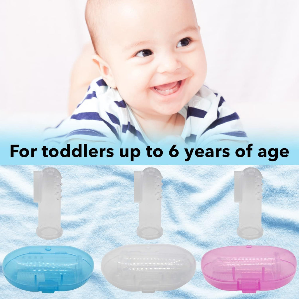 Baby Finger Toothbrush (Set of 3) - Silicone Baby Toothbrush with 3 Cases in Blue, Pink & Clear- Toddler Training Toothbrush - Newborn Oral Massager - Easy Oral Hygiene for Kids & Pets