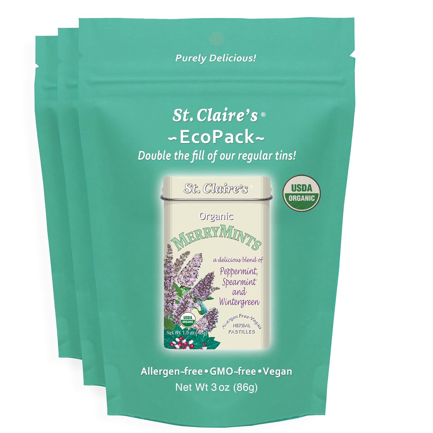 St. Claire’s Organic MerryMints – 3-Pack EcoPack, 3 oz Each | Certified Organic, Vegan, Gluten-Free, Allergen-Free, Non-GMO, Low Calorie, Plant-Based | Made in USA