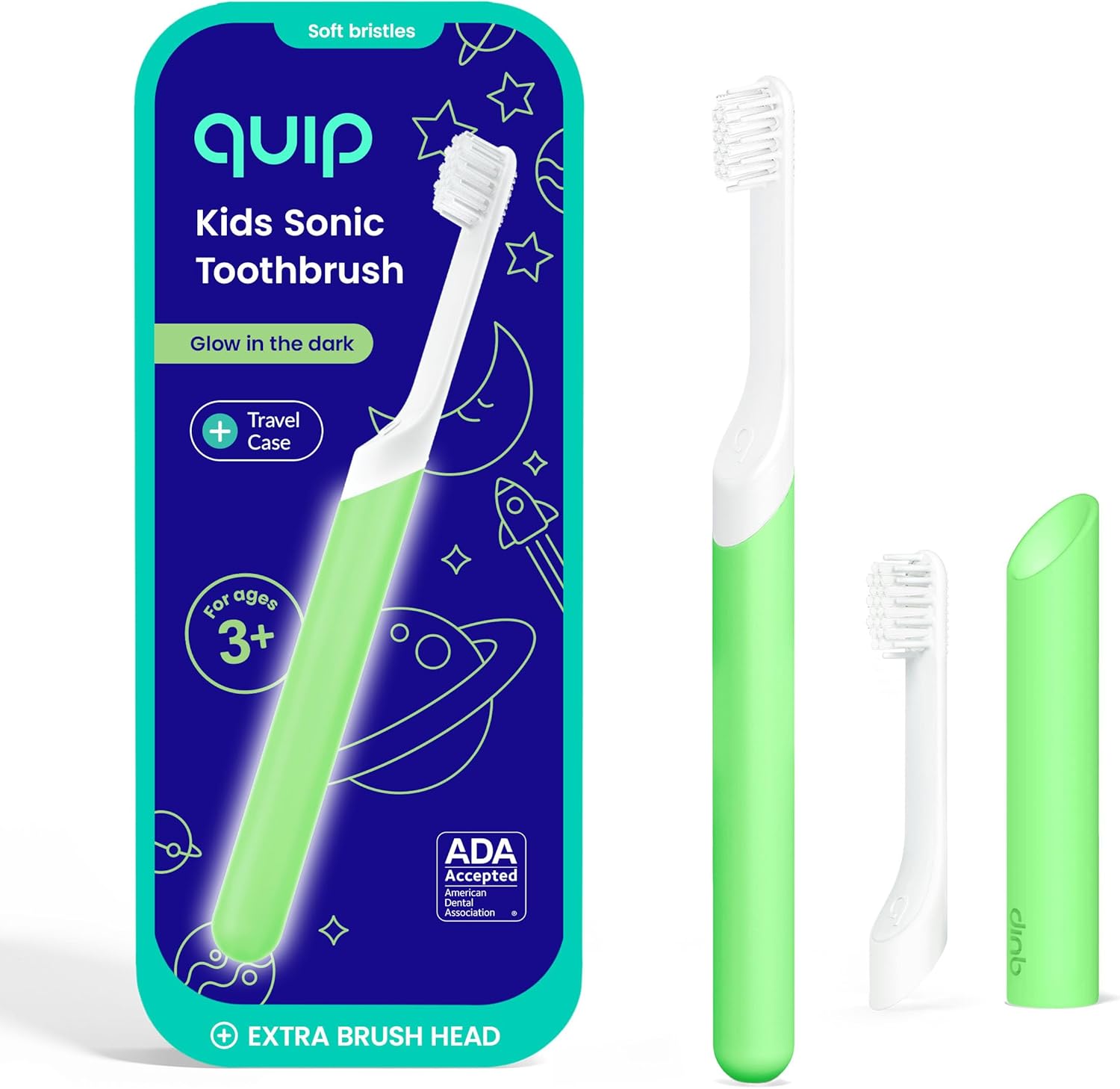 Quip Sonic Toothbrush for Kids with Timer - Includes Extra Brush Head and Travel Cover Mount - Electric, Soft Bristle Refill Head, Rubber Handle, 3 Month Battery Life - Glow in The Dark, Green
