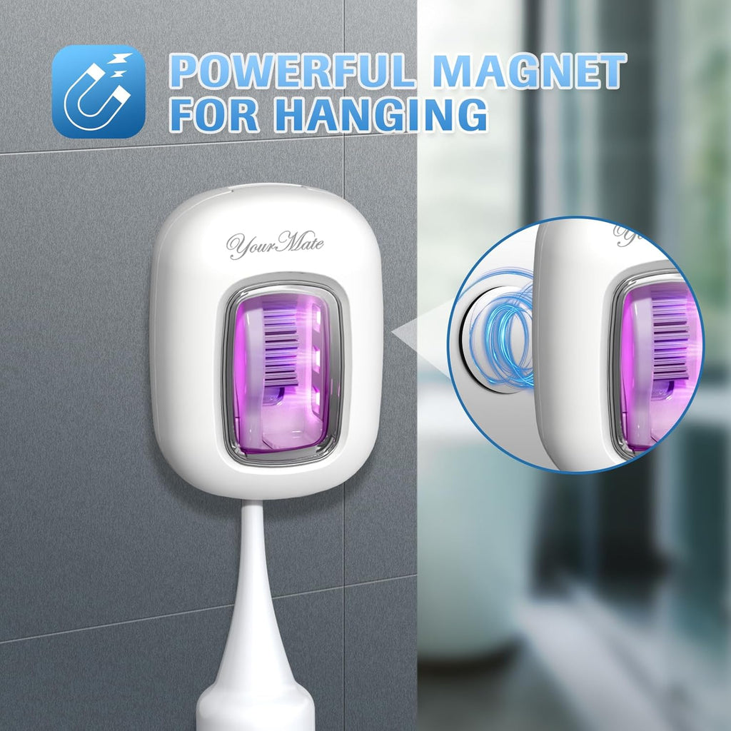 YourMate Rechargerable UVC Toothbrush Sanitizer Case Pro Compatible with Electric Toothbrush Heads/Regular Toothbrushes Travel Toothbrush Covers Case Magnetic Holder for Houshold/Traveling White