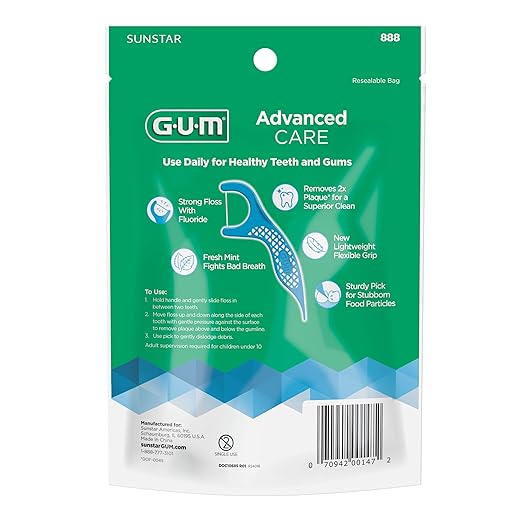 GUM Advanced Care Floss Picks - Dental Flossers for Adults with Vitamin E and Fluoride - Extra Strong Shred-Resistant Dental Floss, Easy Grip Handle, Fresh Mint Flavor, 150 Count (Pack of 4)