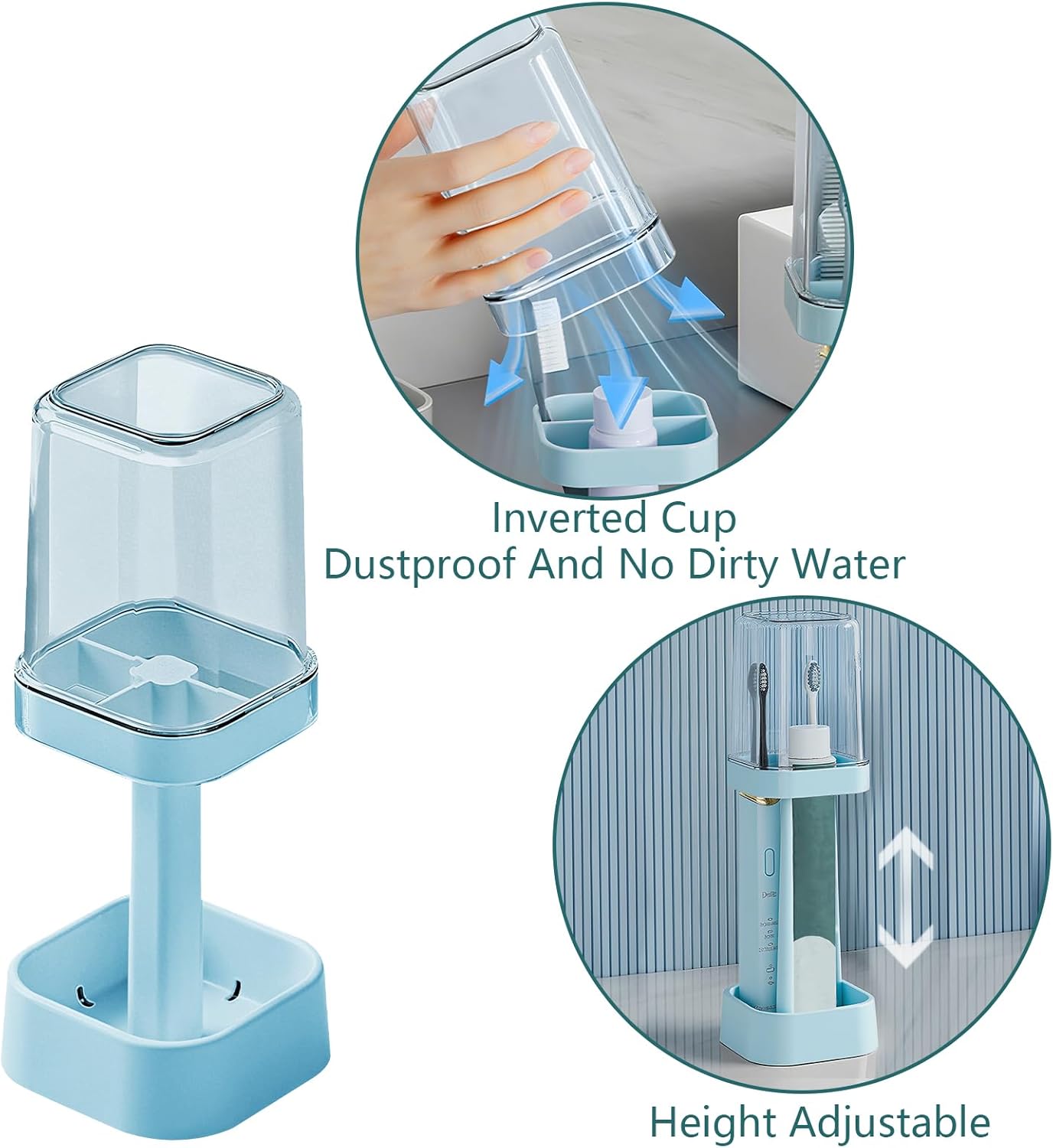 Toothbrush Holder with Cup/Cover, 3 Slots Toothpaste Holder Stand for Bathroom Countertop Plastic Storage Organizer for Toothbrushes, Electric Toothbrushes (Blue)