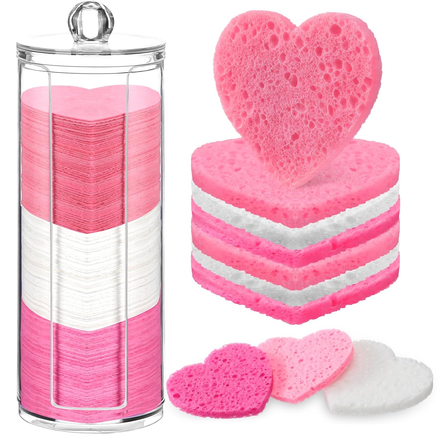 Sieral 120 Pcs Compressed Facial Sponges with Container Disposable Face Sponge Pads for Washing Face Cleansing Exfoliating Esthetician Makeup Removal(Heart,Pink, Rose Red, White)