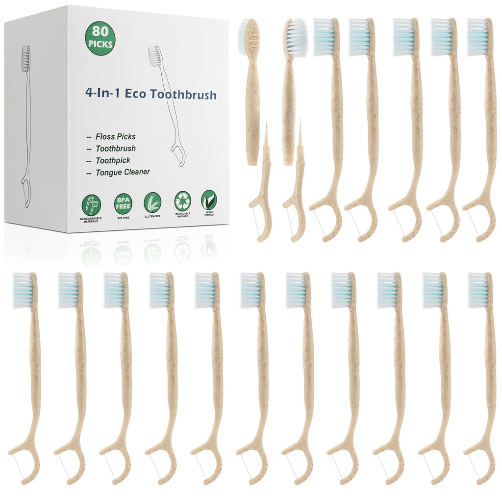 Travel Toothbrush Dental Floss Picks - 4 in 1 Biodegradable Disposable Toothbrushes with Tongue Scraper, Eco-Friendly Individually Wrapped Toothbrush for Adult Kids Travel Oral Care, 80 Pack