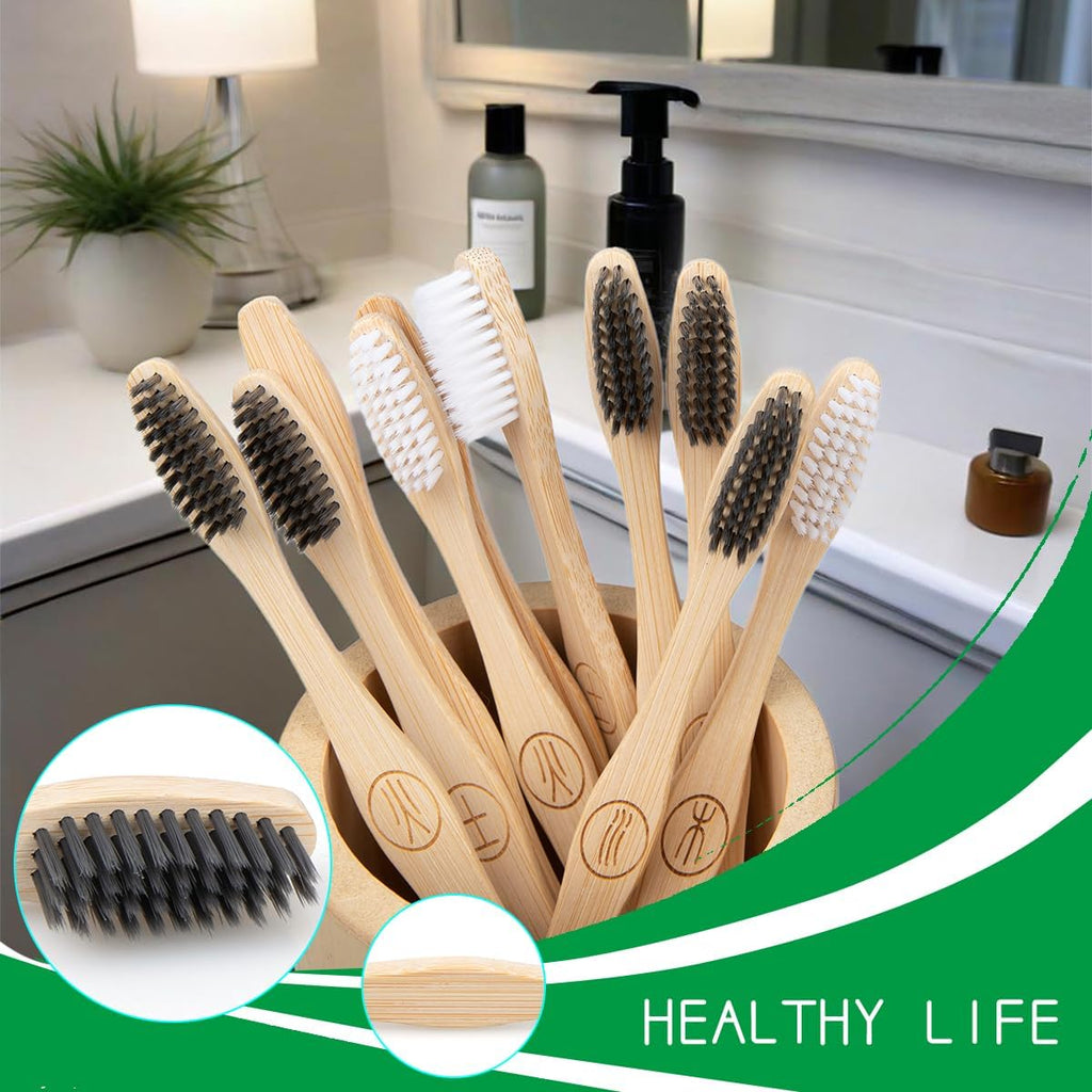Bamboo Toothbrush Individually Sealed 10 Count, BPA-Free Soft Bristles Toothbrushes for Adults, Eco-Friendly, Natural Charcoal Wooden Toothbrush