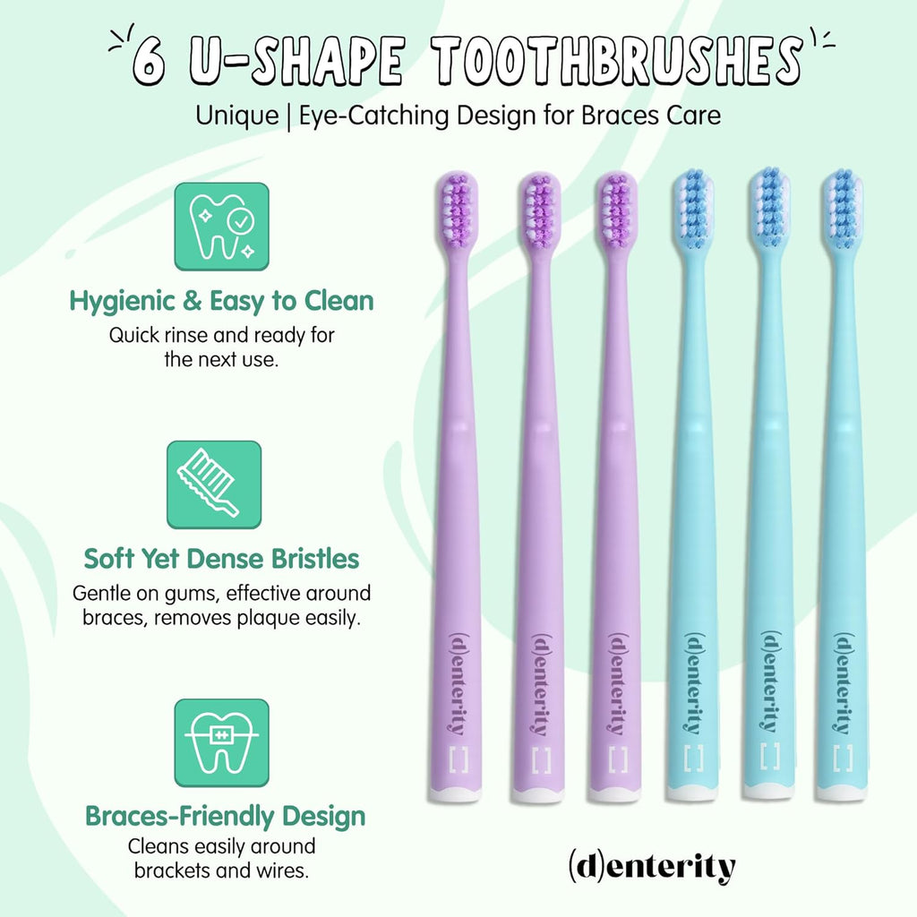 U-Shape Toothbrush Braces Care Kit, 11-Piece Orthodontic Travel Set with Wax, Toothpaste, Mouthwash & Pouch | Braces Hygiene Essentials for Teens & Adults