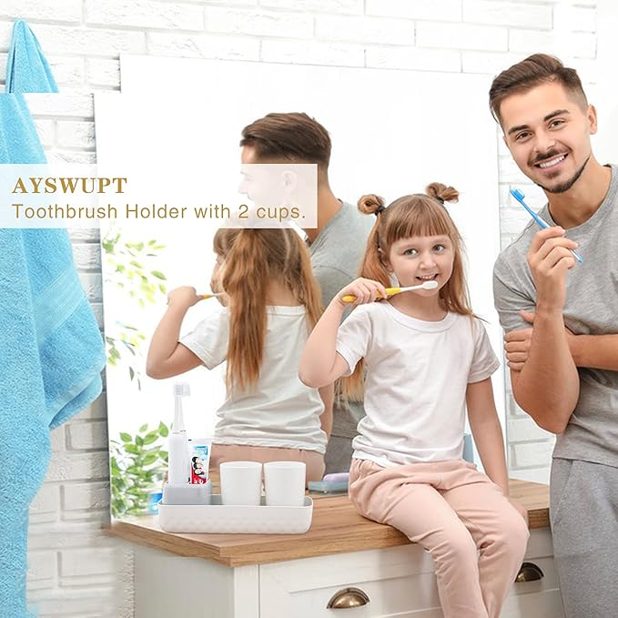 Toothbrush Holders for Bathrooms,Kids Electric Toothbrush Holder with 2 Cups Set,White Tooth Brush Toothpaste Caddy Storage,Small Bathroom Countertop Organizer Stand for Men Farmhouse Family