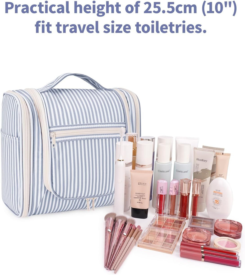 Narwey Striped Hanging Travel Toiletry Bag for Women, Travel Bag for Toiletries, Makeup Bag Organizer Cosmetic Bags Make Up Bags for Women (Greyish Blue Stripe)