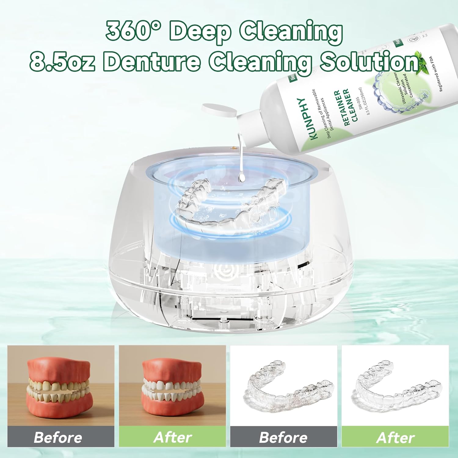 KUNPHY Ultrasonic Retainer Cleaner Solution Concentrate - 2 Pack Value Bundle, Professional Cleaning for Retainers, Dentures, Invisible Aligners, Mouth Guards, Removes Odors & Stains, 16 oz (Mint)