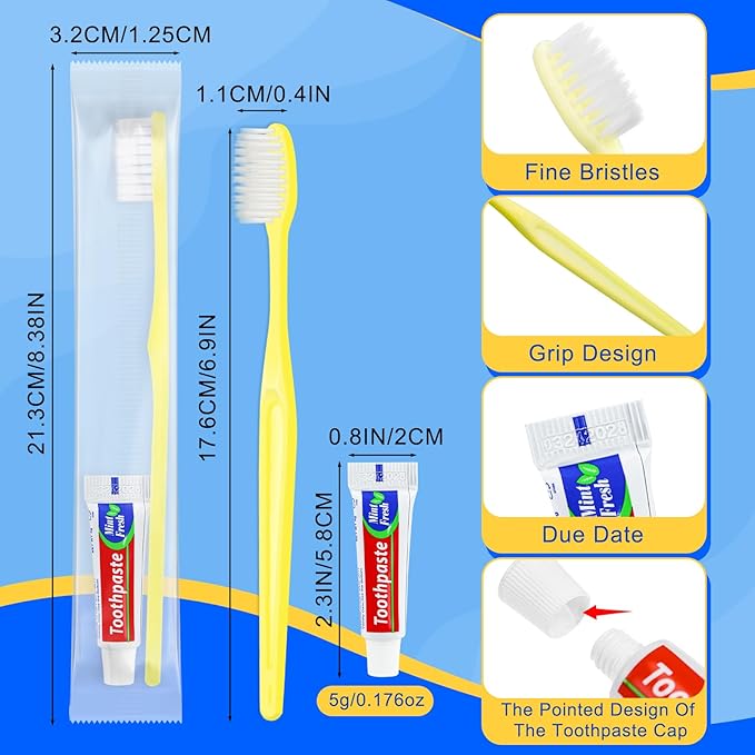 Yellow Disposable Toothbrushes with Toothpaste - Pack of 1000,Individually Wrapped Single Use Travel Toothbrushes Kit Bulk for Homeless,Guests,Hotel,Dentist