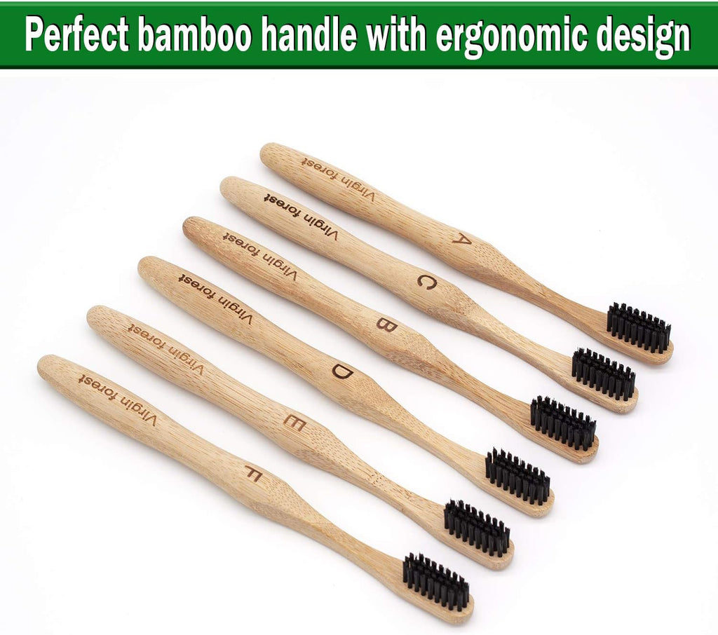 Virgin Forest Bamboo Toothbrush, Biodegradable Bamboo Charcoal Toothbrushes, Natural Eco Friendly Wooden Toothbrush 6-Pack