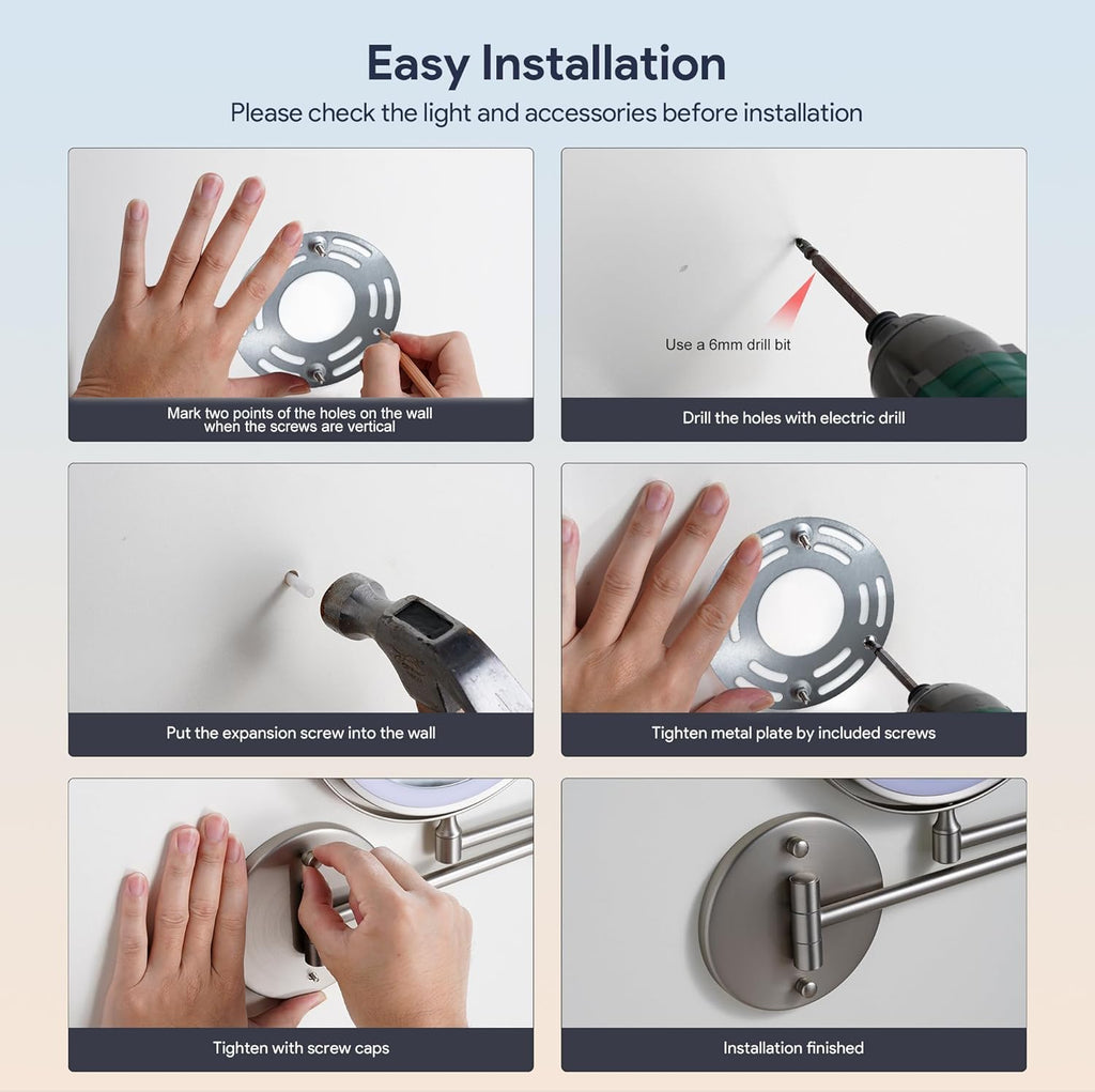 Rocollos 9" Wall Mounted Lighted Makeup Mirror, Large Double Sided 1X/10X Magnifying Mirror, 3 Color LED Vanity Mirror, Touch Dimmable 360° Swivel Light Up for Bathroom