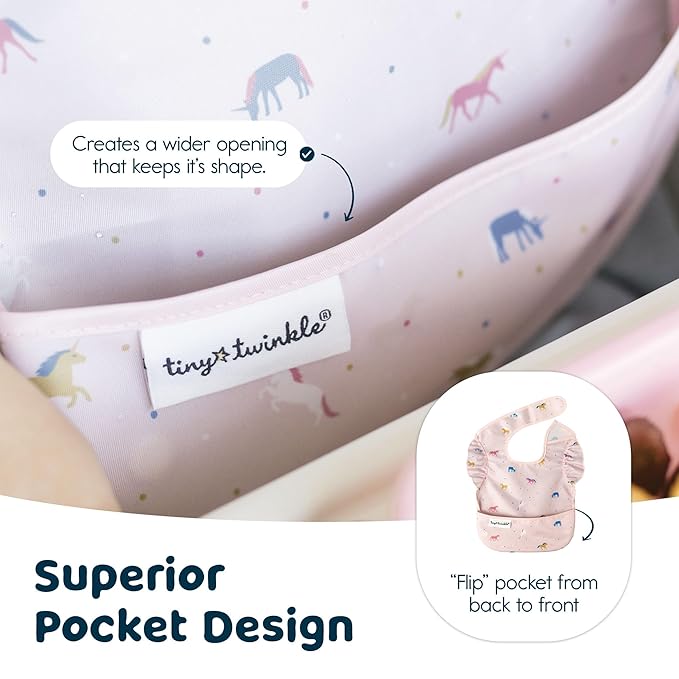 Tiny Twinkle Mess-Proof Baby Bibs for Eating | Waterproof, Wipeable Toddler Bibs with Catch-All Pocket | Feeding Bibs for Girls & Boys(3 Pack,Unicorn Set)