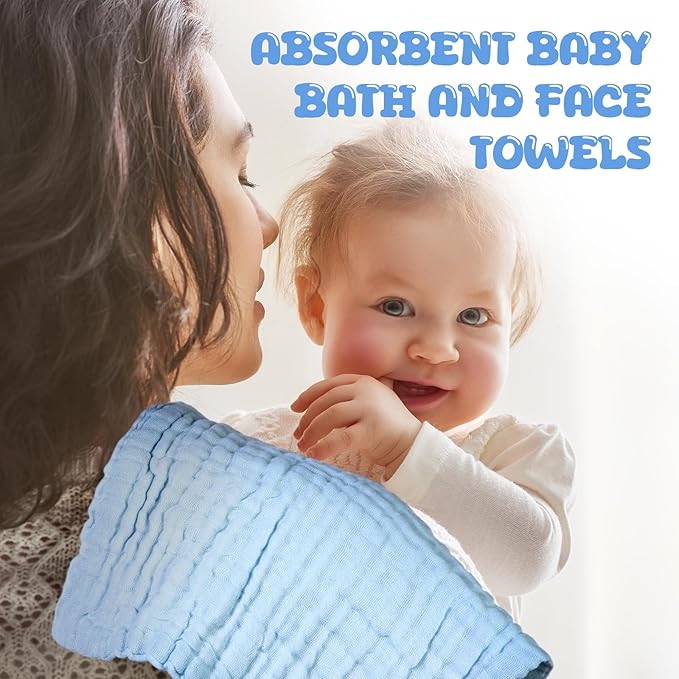 Breling 20 Pcs Baby Muslin Washcloth 12 x 12 Inch 100% Cotton Soft and Absorbent Muslin Washcloth Burp Cloth Wipe Newborn Face Towel for Baby Boy Girl Sensitive Skin(White, Light Blue, Blue)