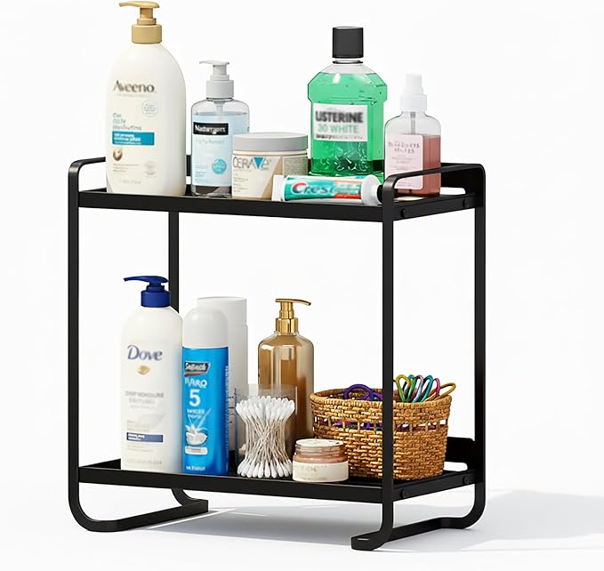 2-Tier Black Carbon Steel Bathroom Counter Organizer - Skincare Cosmetic Display Tray for Perfume, Makeup，Bathroom, Vanity Storage - Modern Countertop Organizer and Vanity Decor
