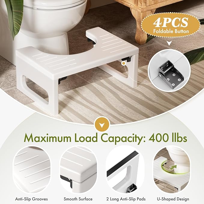 AmazerBath Bamboo Toilet Stool, 7 Inches Foldable Squatting Potty Stools for Adults, Non-Slip Pooping Stool for Bathroom, 0.79" Thickness Poop Foot Step Stools for Kids, White