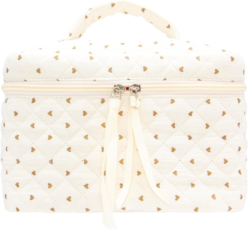 PAZIMIIK Quilted Makeup Bag Large Travel Zipper Soft Cosmetic Case for Women Girls Make Up,Gauze Heart Coffee