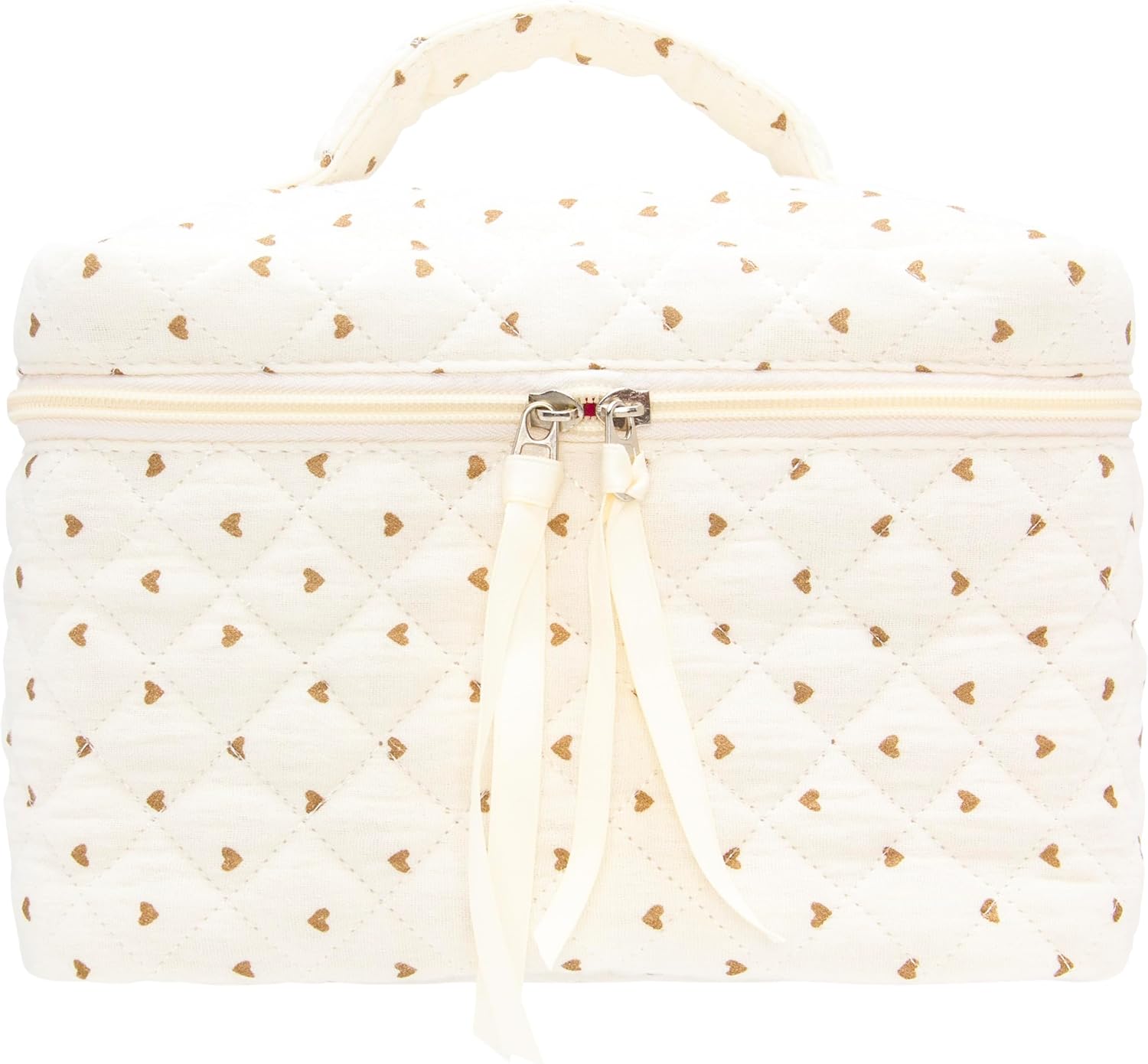 PAZIMIIK Quilted Makeup Bag Large Travel Zipper Soft Cosmetic Case for Women Girls Make Up,Gauze Heart Coffee