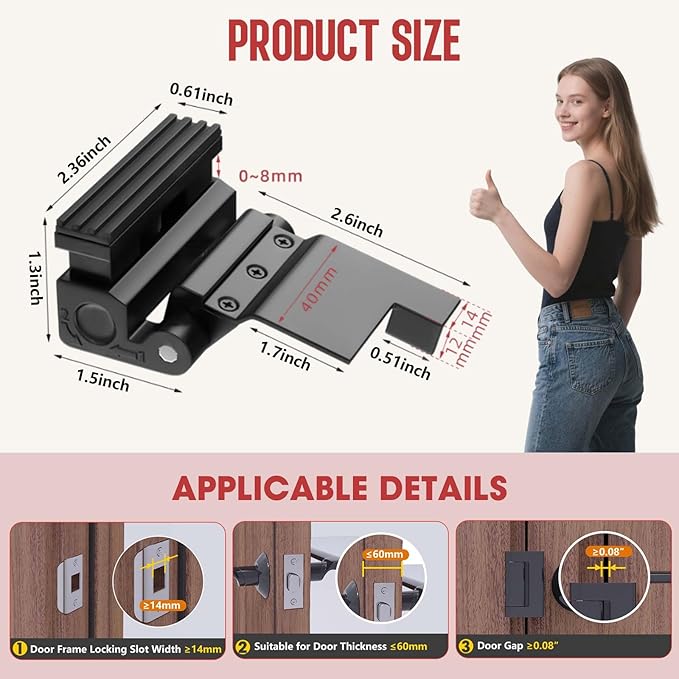 Portable Door Lock for Travel - No Drill Adjustable Latch, Hotel & Apartment Security, Child Proof Interior Defender for Inward Swinging Doors.（Black-1PCS）