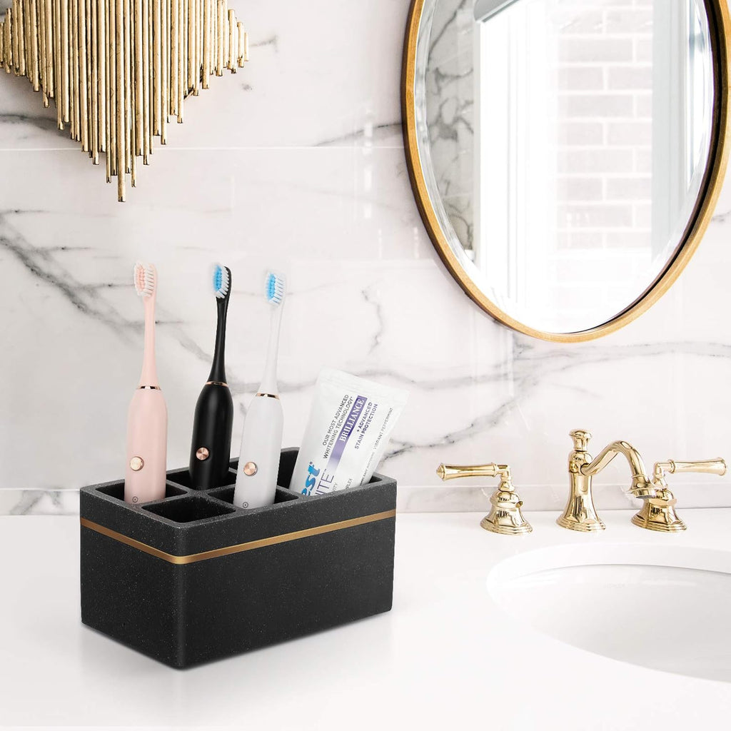 Shinowa Resin Toothbrush Holder, 5 Slots Hygienic Electric Toothbrush Holder Storage Stand Organizer for Toothbrush, Toothpaste, Razor, Gravel Black