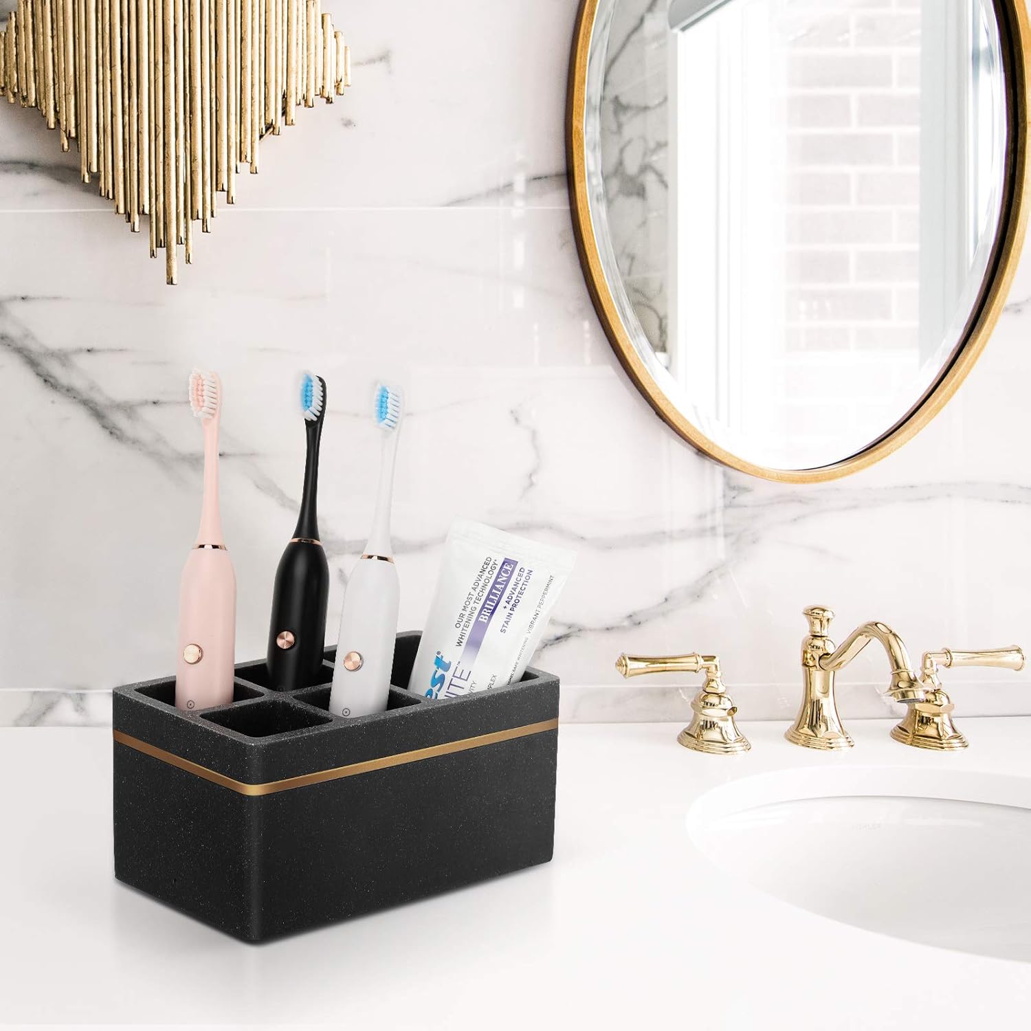 Shinowa Resin Toothbrush Holder, 5 Slots Hygienic Electric Toothbrush Holder Storage Stand Organizer for Toothbrush, Toothpaste, Razor, Gravel Black