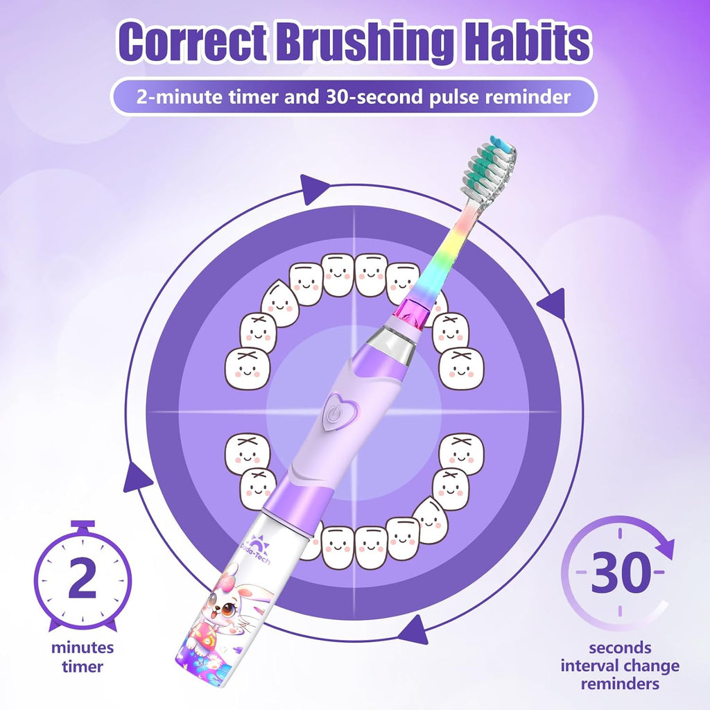 Kids Electric Toothbrush with Timer Toddler Toothbrush Age 2-4-8-12 Girls Electric Toothbrush Rainbow LED Light Up Vibrating Toothbrush Battery Operated Childrens Sonic Tooth Brush (Rabbit Purple)