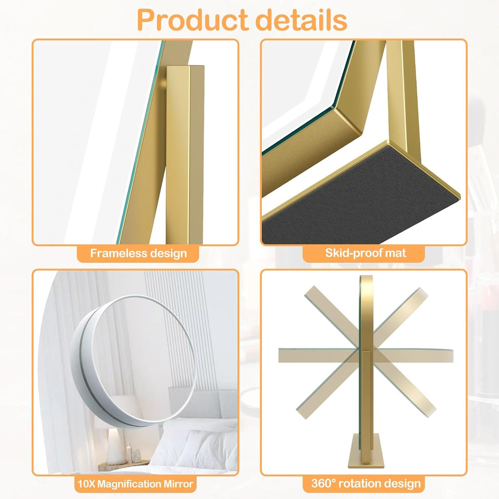 Makeup Vanity Mirror with Lights 17.2" Large LED Lighted Mirror, Hollywood Make Up Mirror with Lighting, Smart Touch,Detachable 5X Magnification 360° Rotation, (Gold,Gift Box)